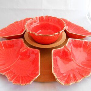 Vintage California Pottery Relish Set, Dip Set, Orange Speckled, Gold Trim, Tray
